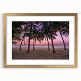 Abstract art print depicting a Caribbean scenery in muted blue and green tones, framed in gold, ideal for dining room decor.