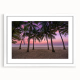 Textured abstract art print depicting a Caribbean scenery in muted blue and green tones, framed with a white mat.