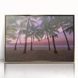 Art Deco poster depicting a serene Caribbean scenery in muted blue and green tones, framed in gold acrylic.