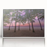 Mid-century modernist art depicting a Caribbean Antigua scenery in vibrant blues and greens on a white framed acrylic.