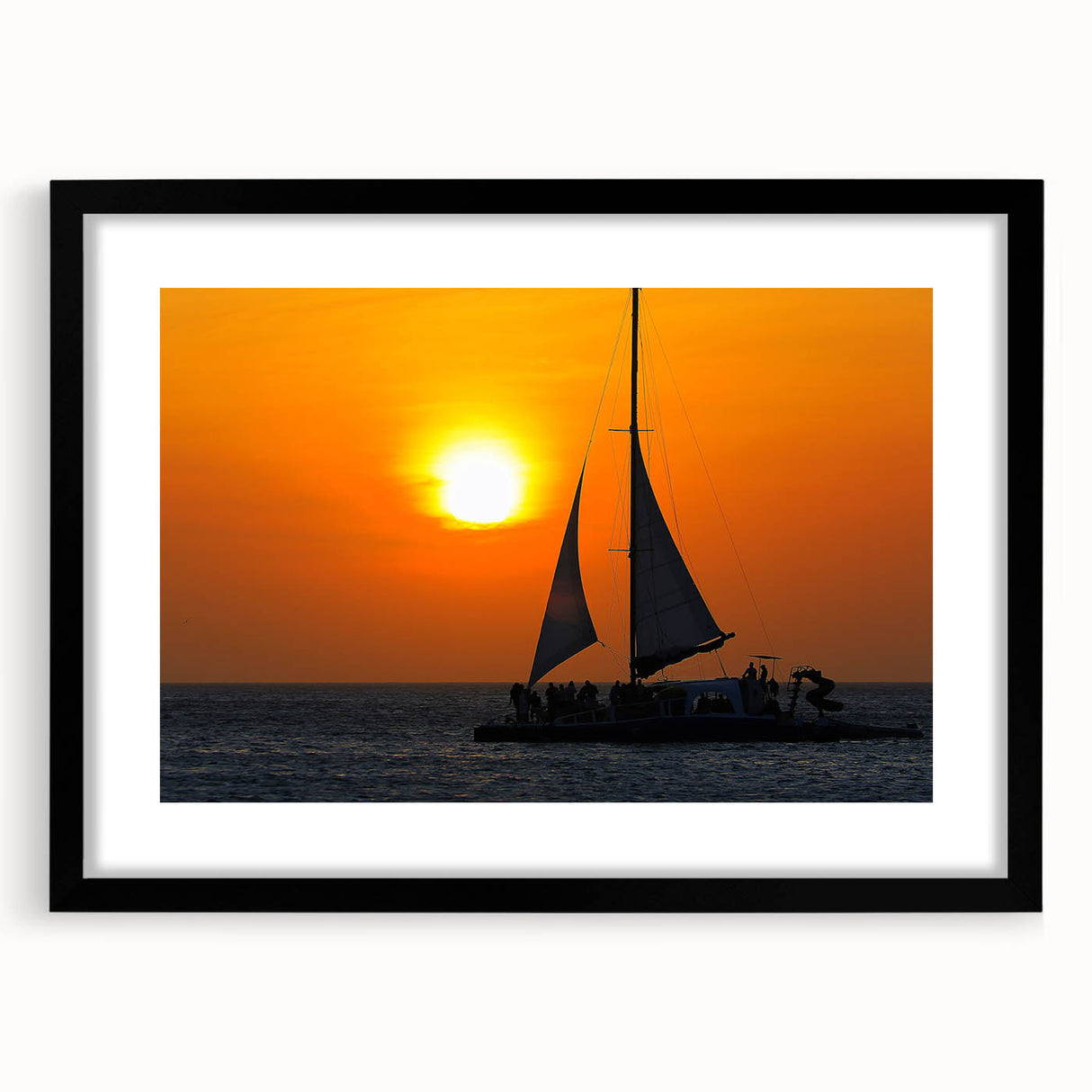 Extra large abstract art print of a vibrant Caribbean scene, in a black frame, suitable for living room decor.