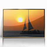 Art deco poster featuring a serene Caribbean scenery in muted gold and blue tones on a framed acrylic.