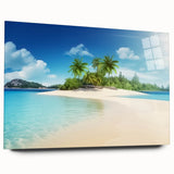 Large abstract wall art of Caribbean scenery in vibrant blue and green on acrylic glass.