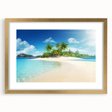 Abstract art print depicting a Caribbean seascape in muted blue and green tones on a framed canvas.