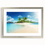 Extra large abstract art print of Caribbean scenery in muted blue and green tones on a textured canvas, framed in silver.