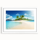 Textured abstract art print of Caribbean scenery in muted blue and green, framed with a white mat, ideal for bedroom decor.