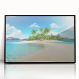 Framed acrylic print of a large abstract depiction of the Caribbean Bahamas in vibrant blue and green tones.