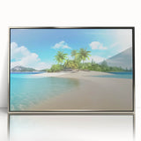 Framed acrylic print of a Caribbean beach scene in muted blue and sandy tones, ideal for modern art wall decor.