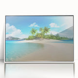 Mid-century modernist art depicting a serene Caribbean scenery on a framed acrylic, in soft blue and green tones.