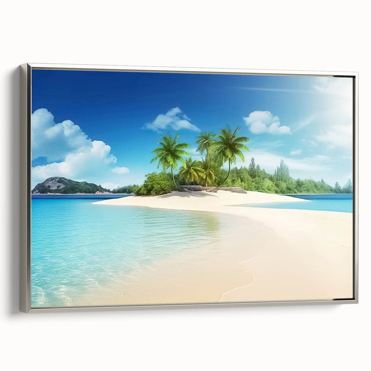 Landscape art painting of the Caribbean Bahamas on a framed canvas, featuring vibrant blue and green tones.