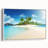 Vintage poster art of a Caribbean Bahamas scenery on framed canvas, featuring vibrant colors, ideal for living room decor.