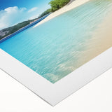 Art deco poster of a serene Caribbean scene in muted blues and greens on a rolled canvas, suitable for dining room decor.