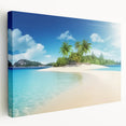 Caribbean beach scene on large stretched canvas, featuring vibrant blue and turquoise hues, ideal for kitchen wall art.