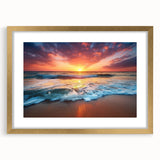 Extra large abstract art print of a Caribbean scenery in vibrant blues and greens, framed in gold.