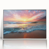 Mid-century modernist art depicting a serene Caribbean beach scene in soft pastel hues, framed acrylic.