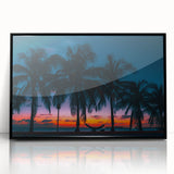 Large abstract wall art depicting a vibrant Caribbean Cuba scenery in a black framed acrylic.