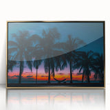 Art deco poster of a Caribbean scenery in acrylic frame, featuring pastel colors, ideal for modern art wall decor.
