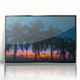 Large art print of a Caribbean Cuban scenery in mid-century modernist style, framed in silver acrylic.