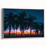 Framed canvas featuring a vintage-style landscape painting of a Caribbean scene with vibrant colors on a black background.