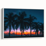 Vintage poster art of a colorful Caribbean scenery on a large framed canvas, ideal for living room decor.