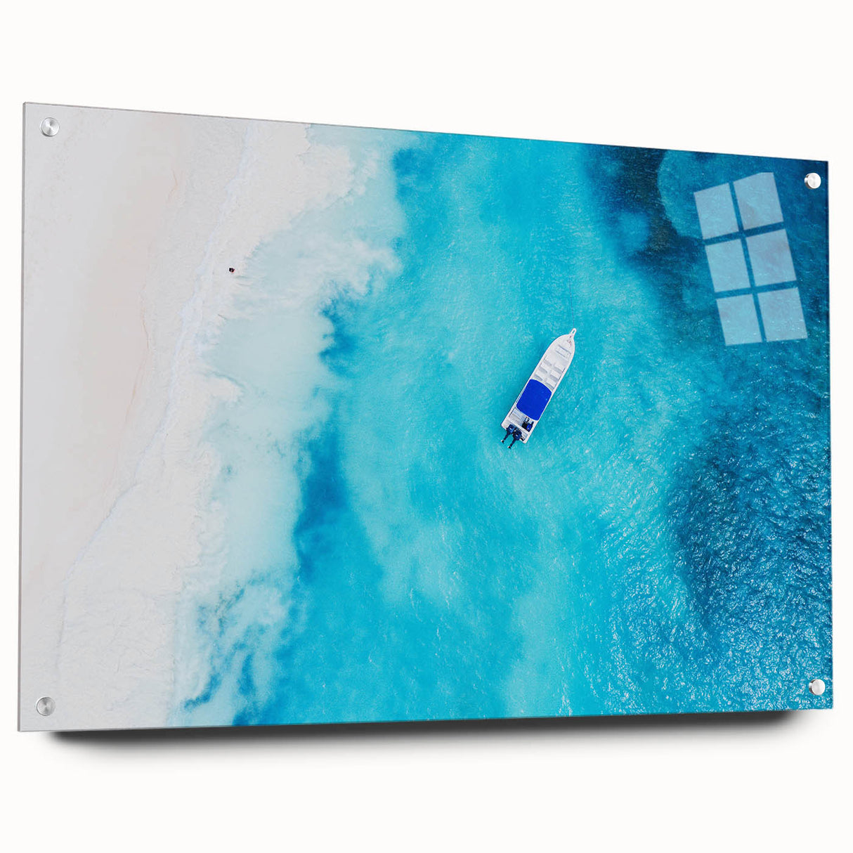 Large abstract wall art depicting Caribbean scenery on acrylic glass, suitable for bedroom or dining room decor.