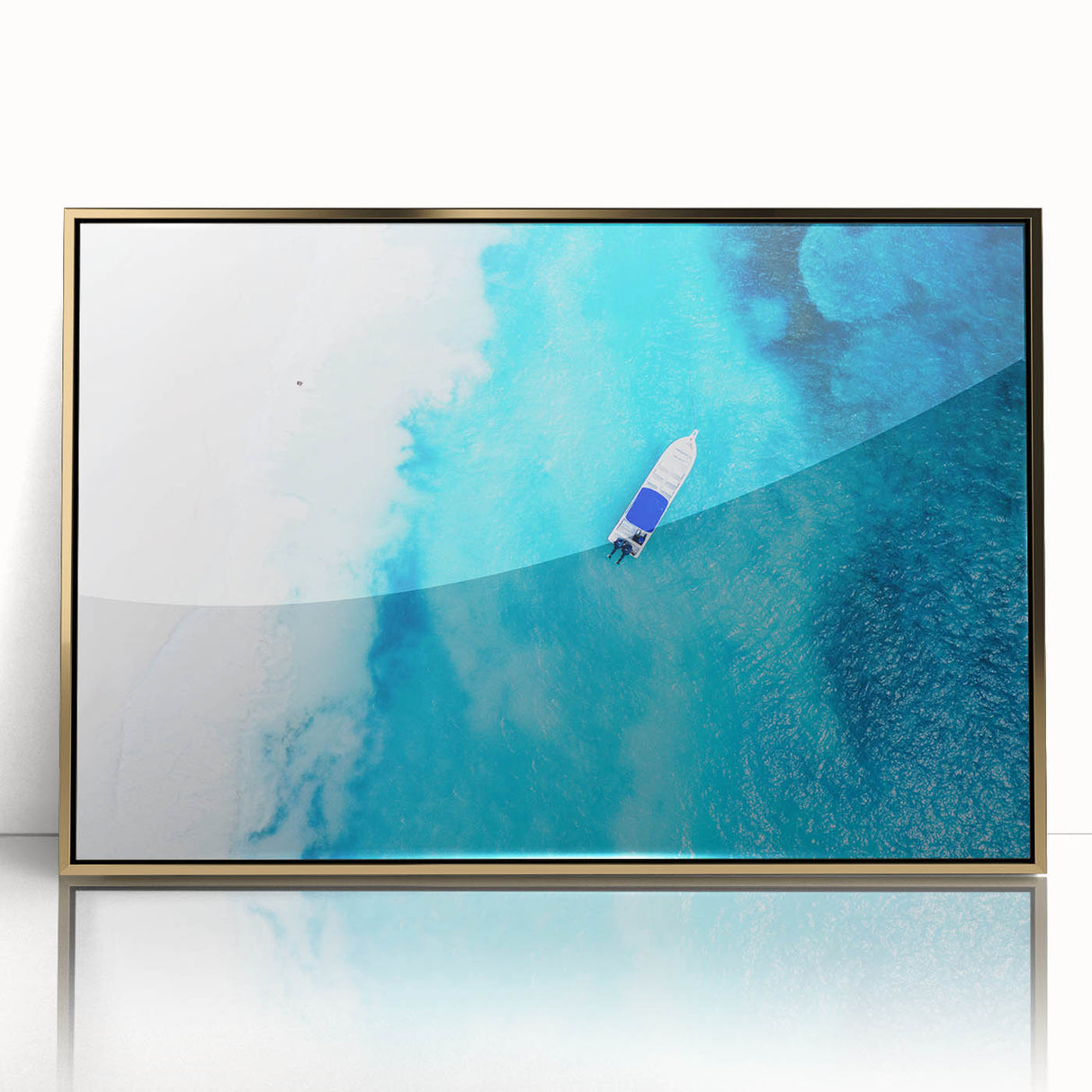 Art deco-style poster of a Caribbean scenery on gold-framed acrylic, with vibrant blue and green tones.