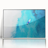 Mid-century modernist Caribbean scenery in muted blue and green tones, framed acrylic print, suitable for nursery wall art.