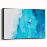 Black and white framed canvas of a vintage Caribbean landscape, ideal for bedroom decor.