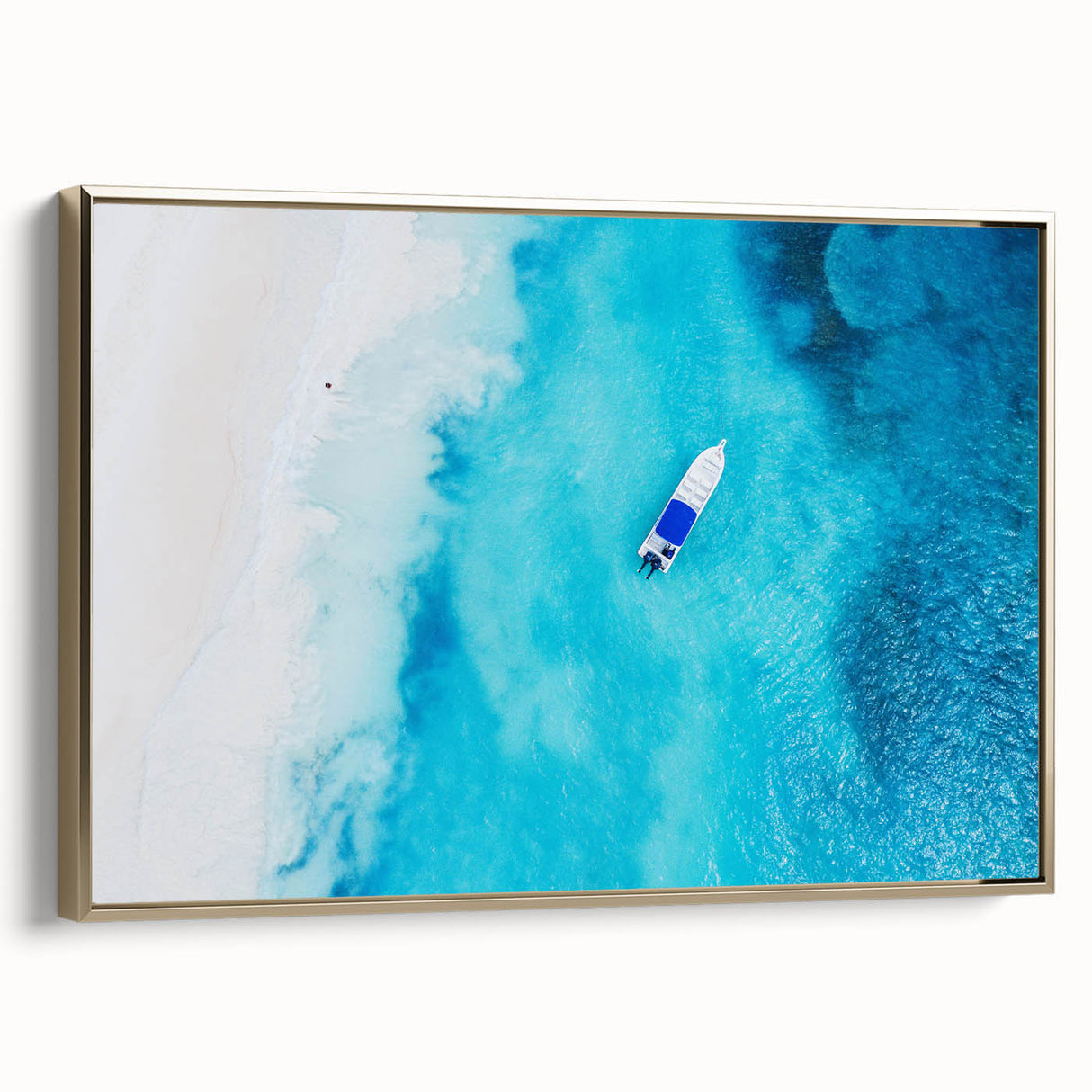 Framed canvas featuring a Caribbean landscape with lush greenery and a vintage poster style, set in a black frame.