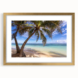 Abstract art print of a Caribbean scenery in Martinique with vivid blue and green tones, framed in gold.