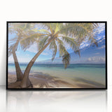 Large abstract wall art featuring a Caribbean Martinique scenery in muted blue and green tones, framed in black acrylic.