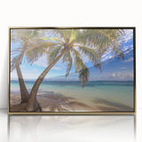 Mid-century modernist art of Caribbean Martinique scenery on a framed acrylic, with vibrant blue and green tones.