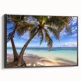 Framed canvas depicting a black and white vintage poster of a Caribbean landscape, ideal for bedroom decor.