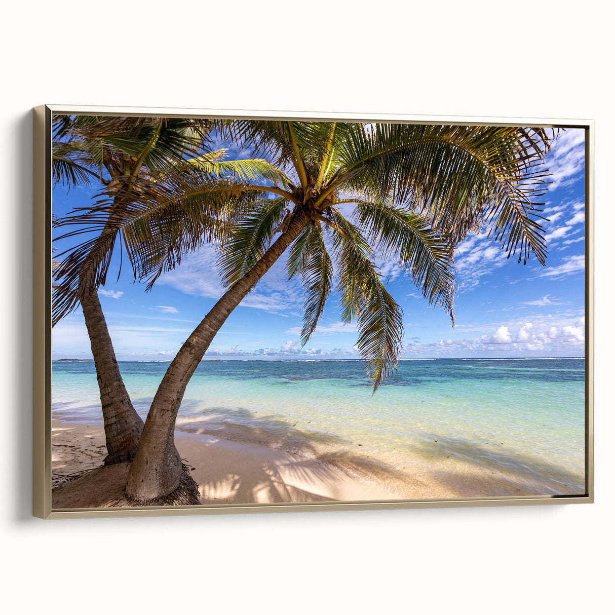 Framed canvas depicting a vintage-style Caribbean landscape in muted gold and black tones, ideal for bedroom wall decor.