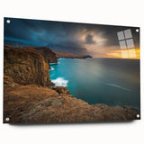 Acrylic glass print of a Caribbean landscape with vibrant blue and green tones, suitable for dining room or bedroom decor.