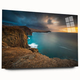 Large abstract wall art on acrylic glass depicting a vibrant Caribbean scene, ideal for bedroom or dining room decor.