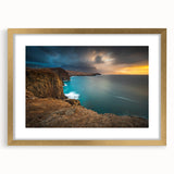 Abstract art print of a vibrant Caribbean scene in gold frame, suited for dining room or bedroom decor.