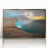 Framed acrylic print of a Caribbean Puerto Rican scenery in art deco style, with vibrant tropical colors.