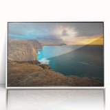 Mid-century modernist art depicting a serene Puerto Rican landscape on a framed acrylic, featuring soft pastel shades.