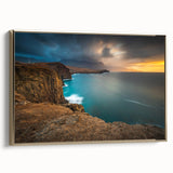 Vintage poster art of a Caribbean Puerto Rican scenery on a framed canvas, featuring vibrant colorful art and black accents.