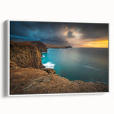 Landscape art painting of a vibrant Caribbean scene on a framed canvas, ideal for adding color to a living room.