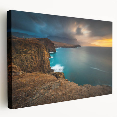 Panoramic view of a Caribbean beach in Puerto Rico on a stretched canvas, featuring soft blue and sandy tones.