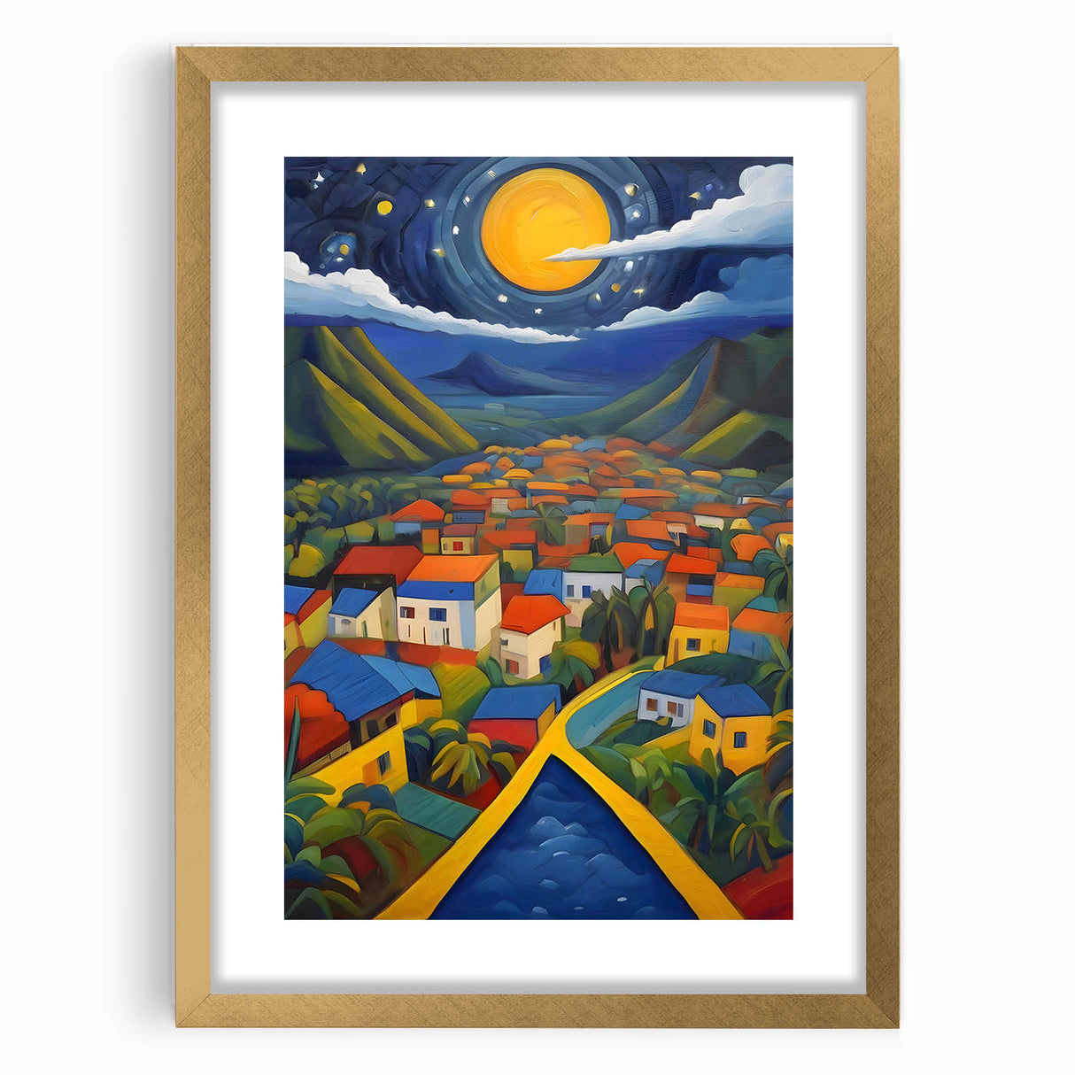 Extra large abstract art print of Caribbean scenery in vibrant blues and greens, framed in gold, ideal for living room decor.