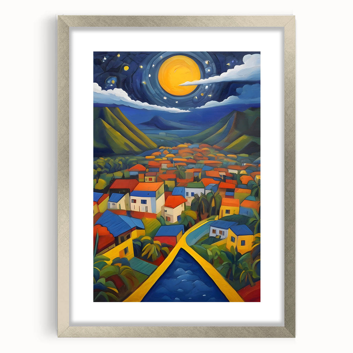 Textured abstract art print depicting a Caribbean scenery in earth tones, framed in silver, suitable for bedroom art.