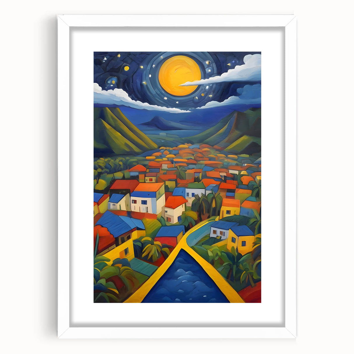 Abstract art print of Caribbean Saint Lucia scenery in pastel shades on a white-framed mat.