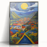 Large art print of a Caribbean landscape in Saint Lucia with vibrant green and blue tones, framed in silver acrylic.