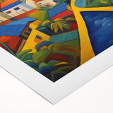 Art deco poster of Caribbean Saint Lucia scenery on rolled canvas, featuring vibrant blue and green tones.