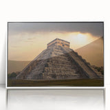 Art deco poster of Belize scenery in muted aqua and white tones, acrylic print framed in white.