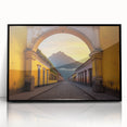 Large abstract wall art featuring a mid-century modernist design of a Guatemalan landscape in muted earth tones.