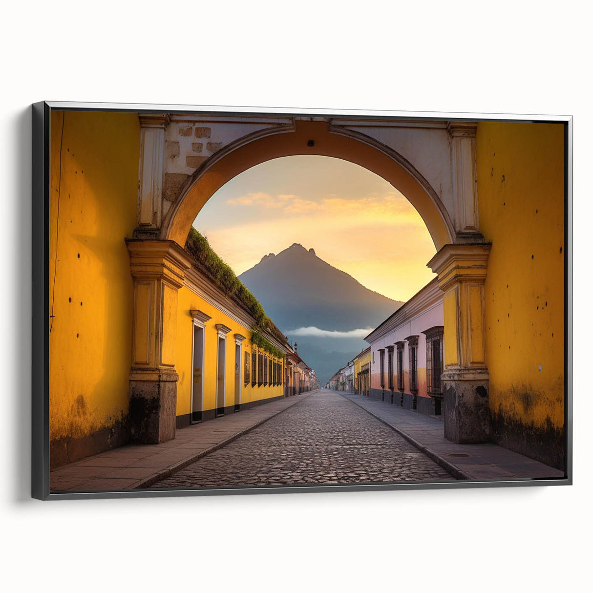 Black and white framed canvas depicting a vintage Guatemalan landscape, ideal for bedroom wall art.